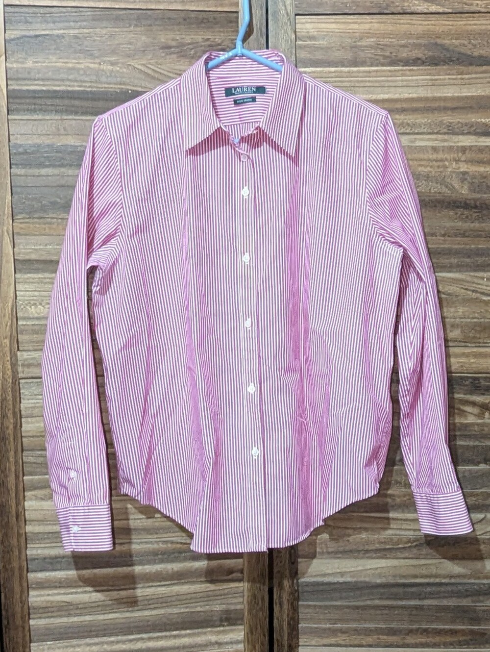 Classic Pink Striped Long Sleeve Collared Button Up Blouse